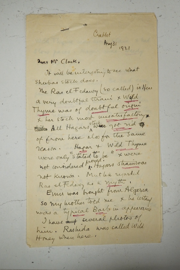 Archive of the Courthouse Farm Stud, Offham near Lewes and the Clark family, 1900-2014, including an important series of letters from Lady Anne Blunt at the Sheyk Obeyd Stud, Ain Shems, Egypt, 1912-1917, and her daughter